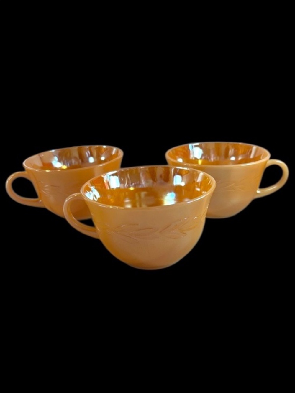 Vintage Anchor Hocking Fire-King Peach Lustre Laurel Leaf Tea Cups Set of 3